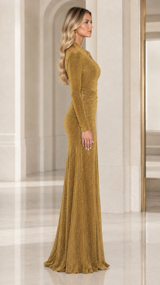 Side profile view of gold glitter ruched maxi dress showing body-contouring silhouette