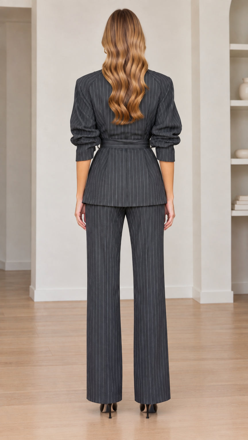 Back view of women's charcoal grey pinstripe tailored jacket and pants