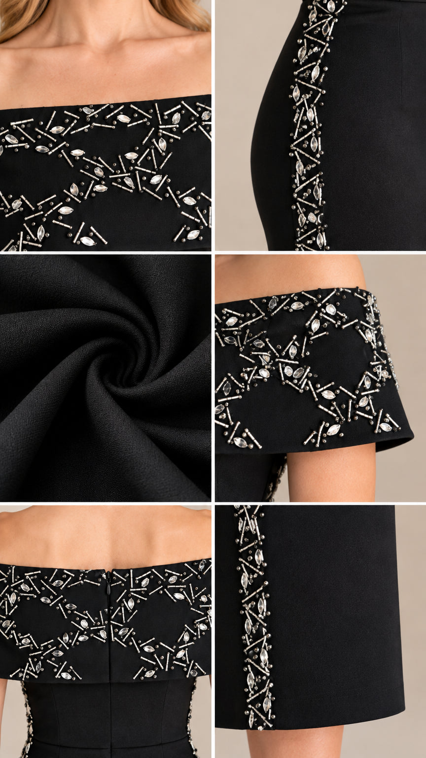 Close-up details of beaded off-shoulder neckline and side embroidery trim