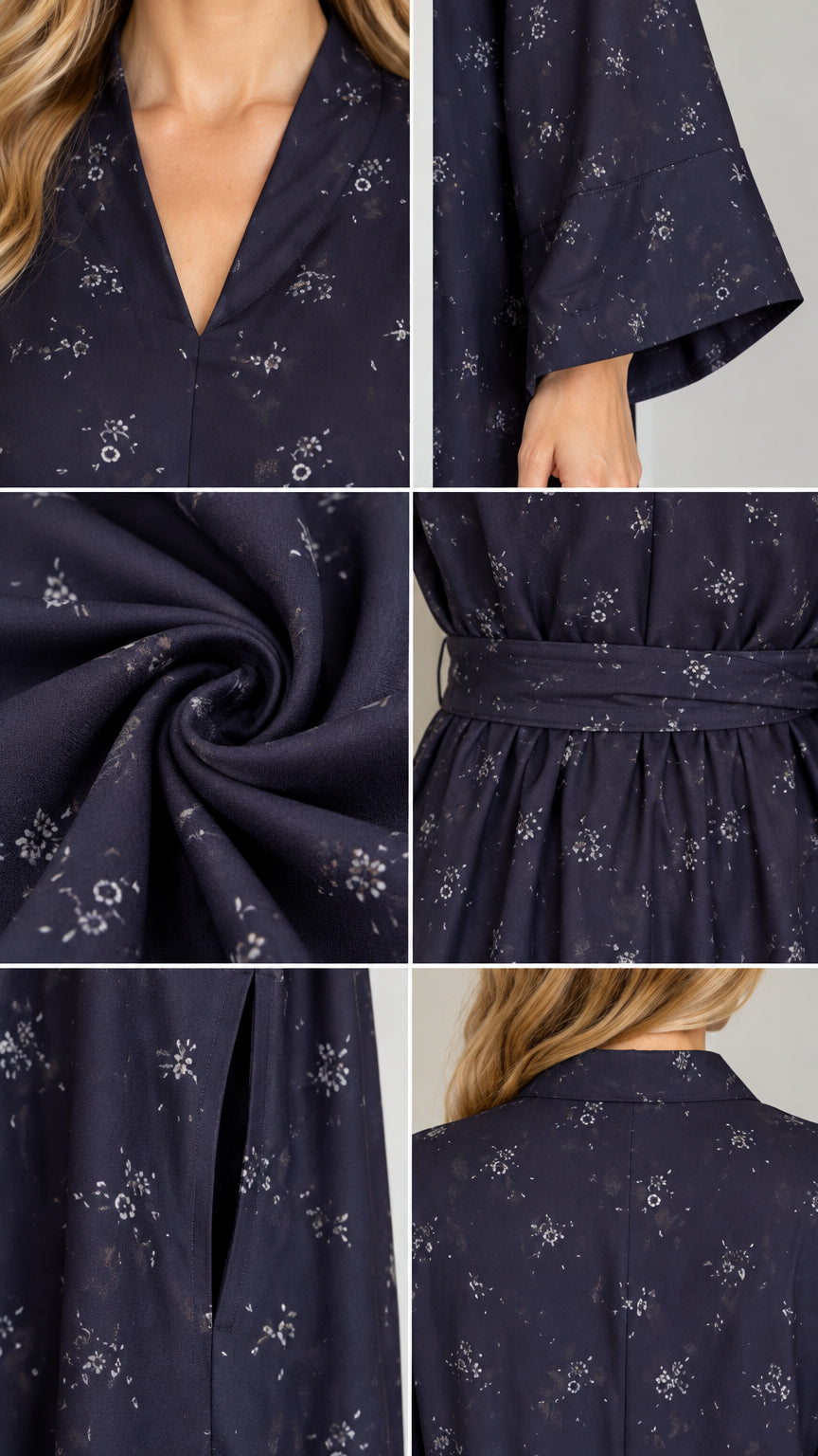 Detailed close-ups of neckline, cuffs, fabric texture, sash belt, and pocket