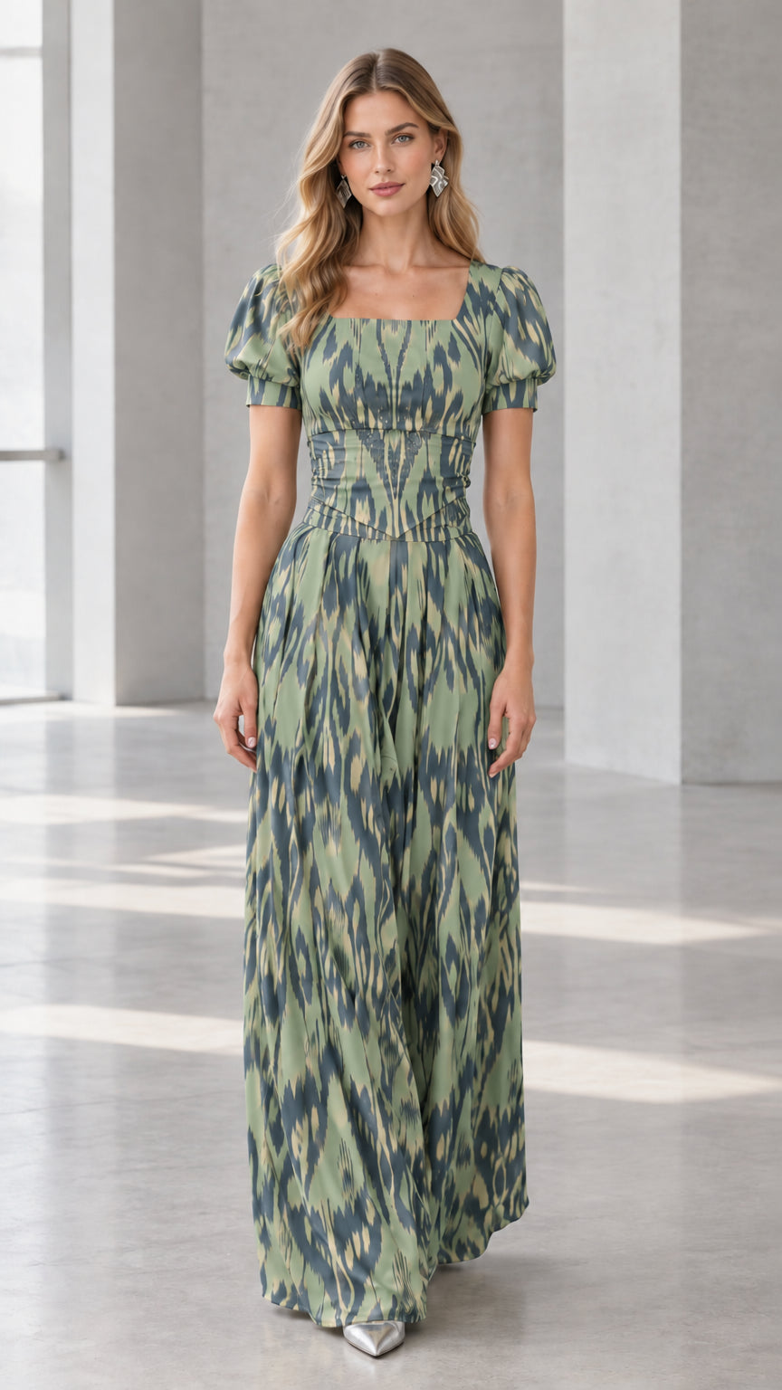 Front view of sage green ikat print square neck maxi dress