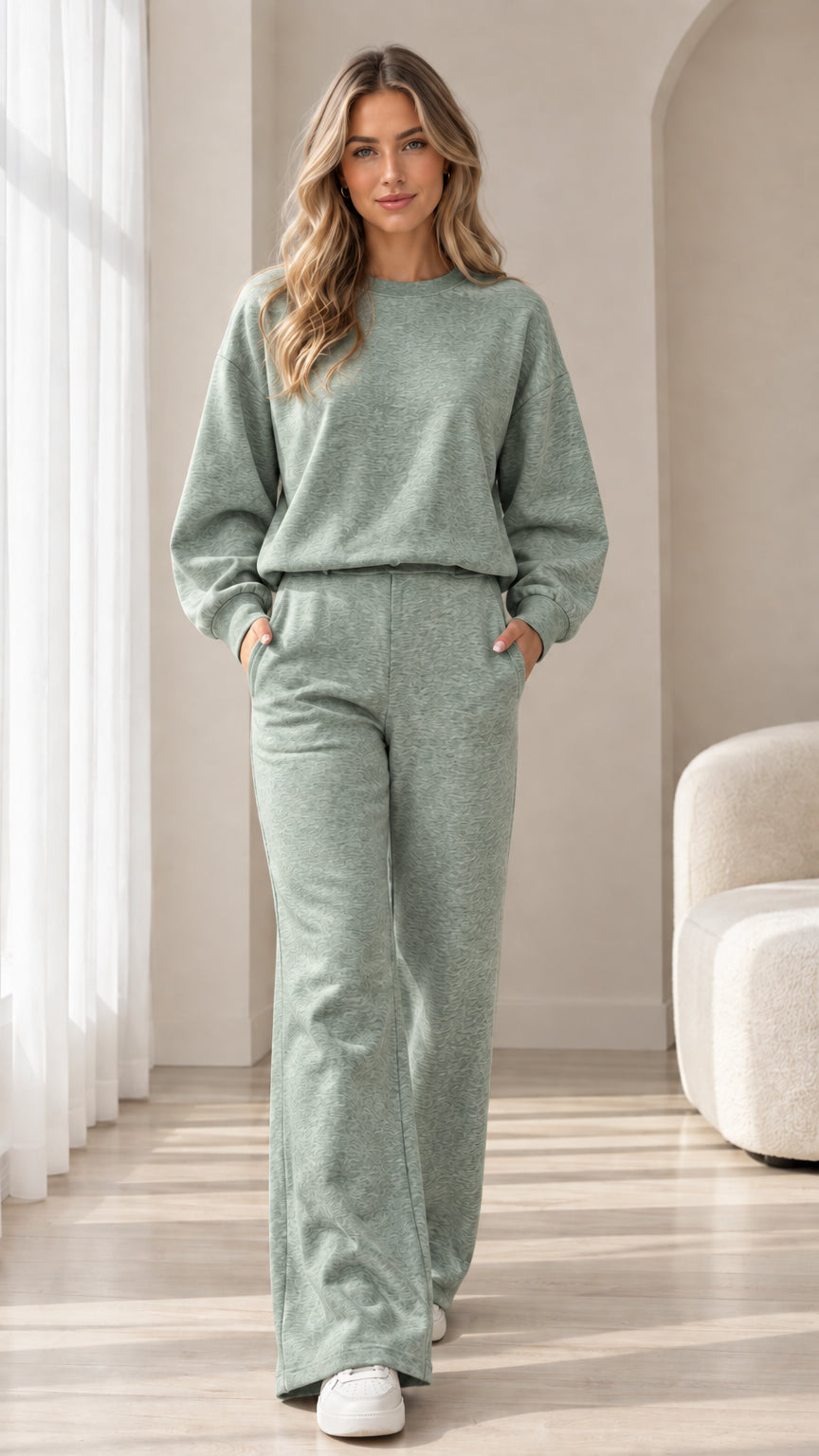 Front view of model wearing sage green 2-piece lounge set