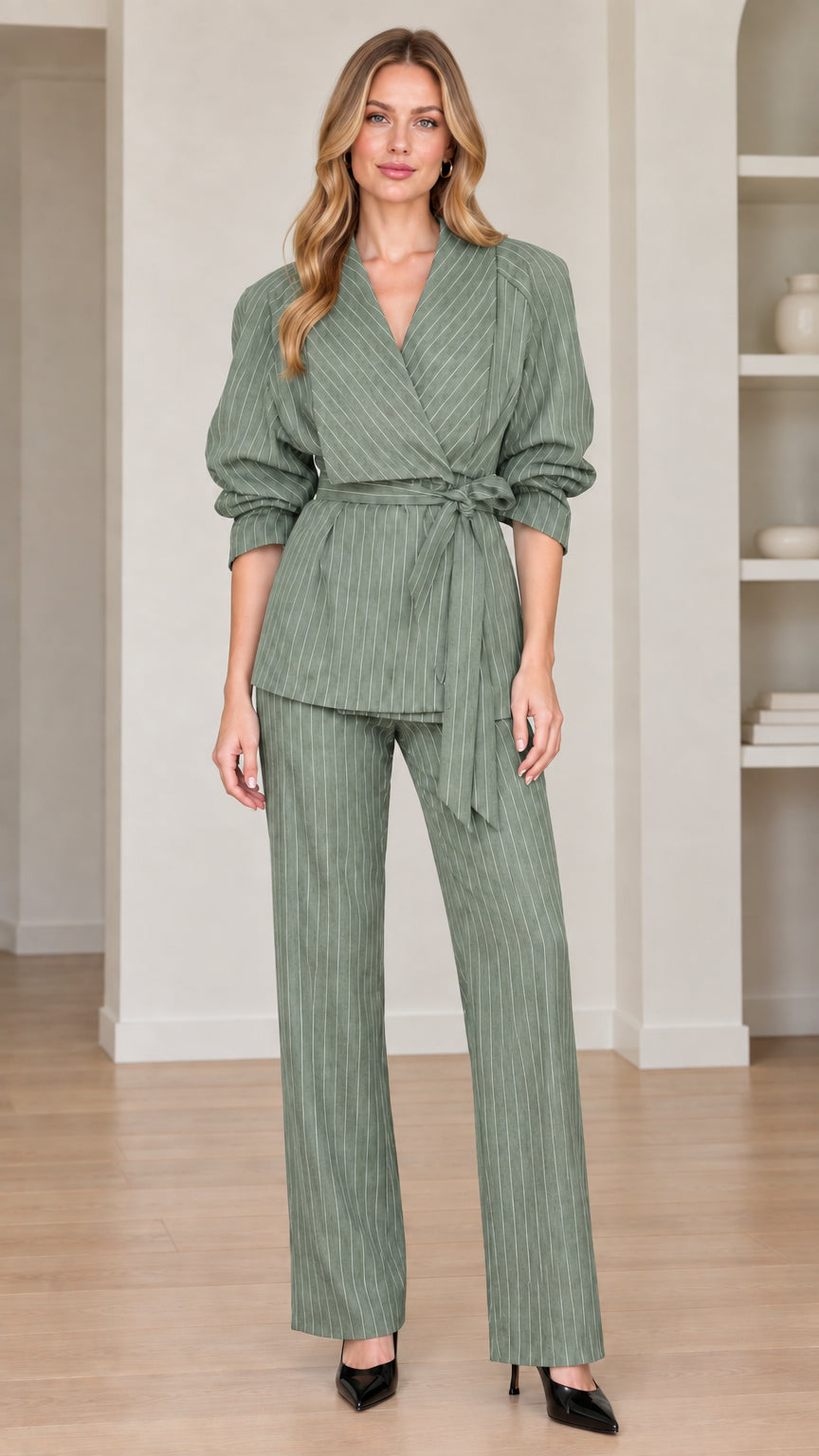 Full view of women's sage green pinstripe wrap suit set