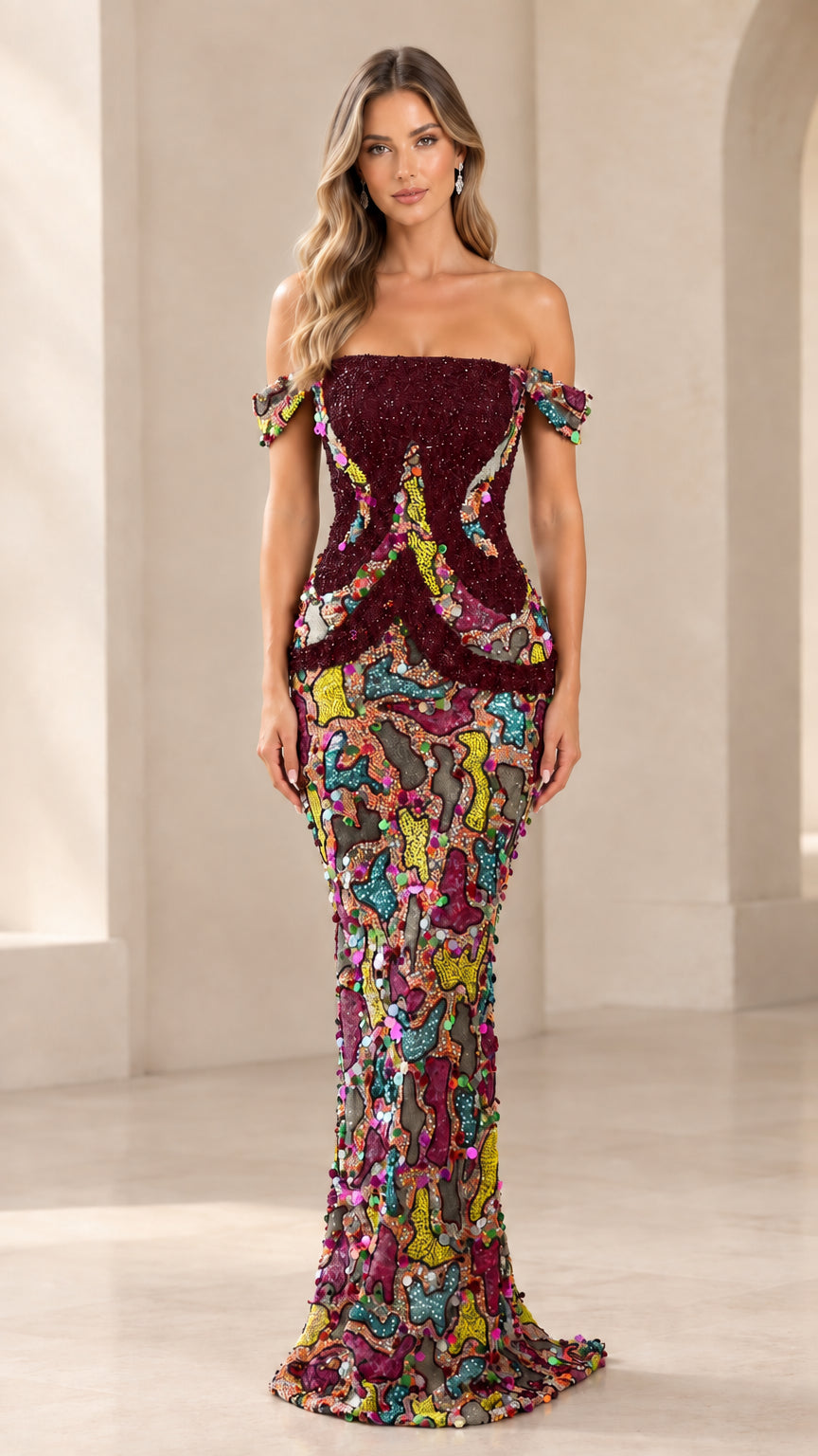 Burgundy off-the-shoulder sequin and bead embellished mermaid gown