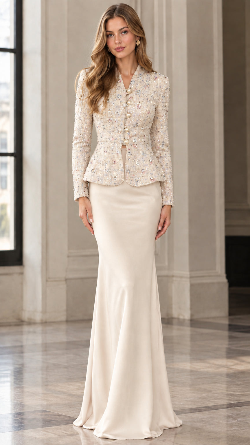 Full-length front view of ivory champagne embellished tweed peplum jacket and skirt set