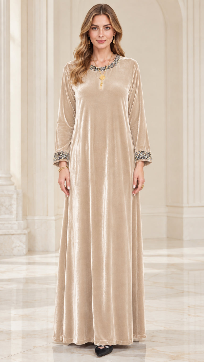 Champagne beige velvet long sleeve maxi dress with rhinestone details