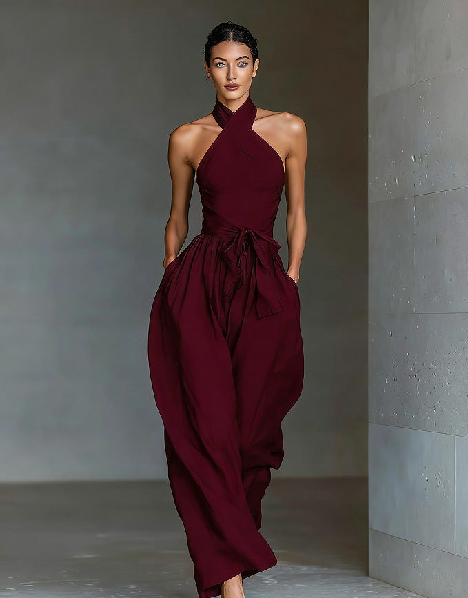 Ivory Cross-Halter Two-Piece Set | Wide-Leg Pants Outfit