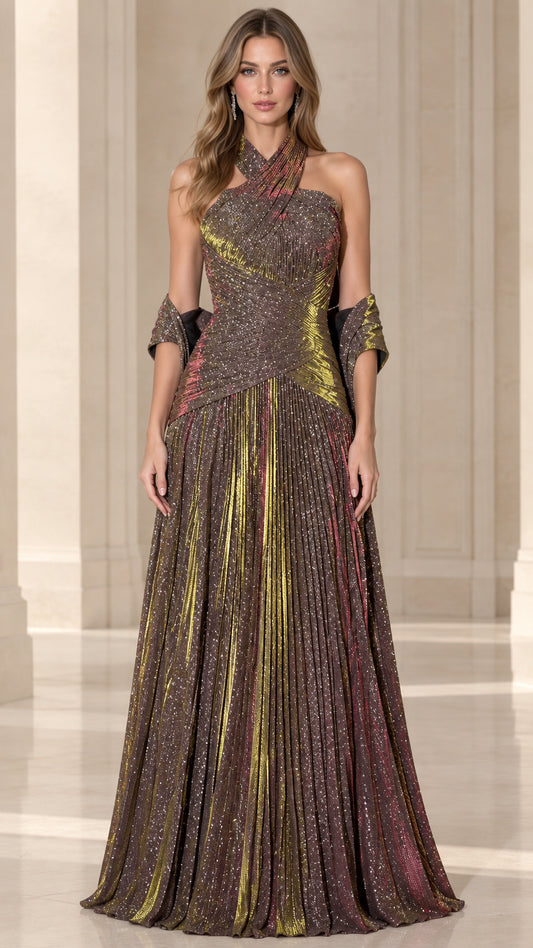 Front view of bronze metallic pleated cross halter evening gown with matching shawl