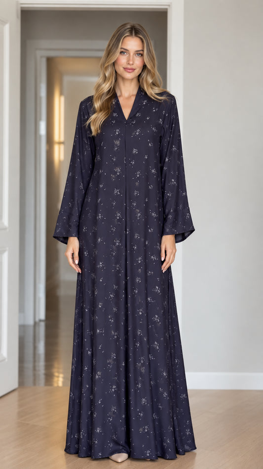 Full front view of model wearing Navy Blue floral long sleeve maxi dress