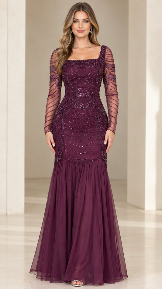 Front view of model wearing plum beaded square neck mermaid evening gown with sheer long sleeves