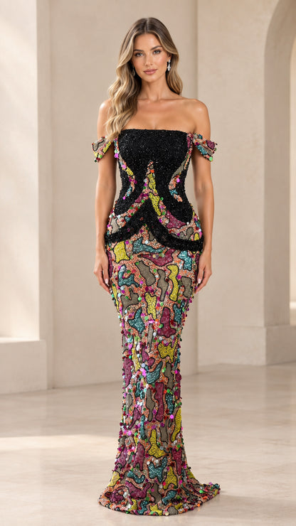 Front view of black beaded off-the-shoulder mermaid gown with colorful sequin mosaic skirt