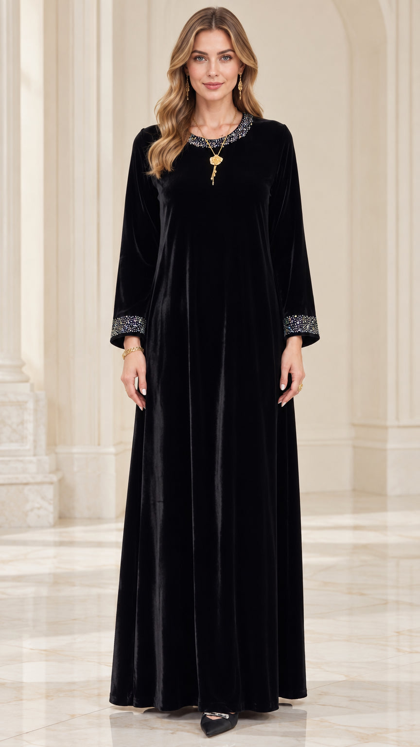 Front view of black velvet long sleeve maxi dress with rhinestone trim