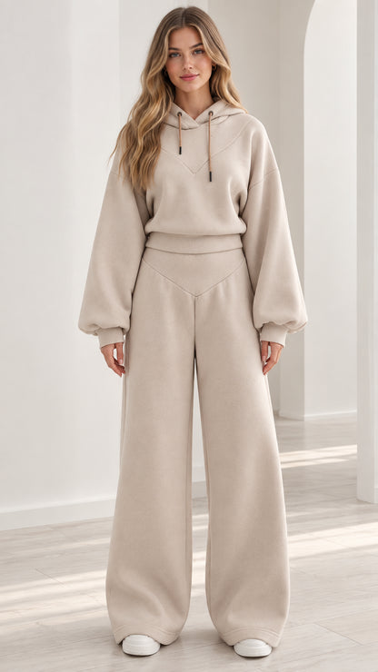 Full front view of beige 2-piece hoodie and wide leg lounge set on model