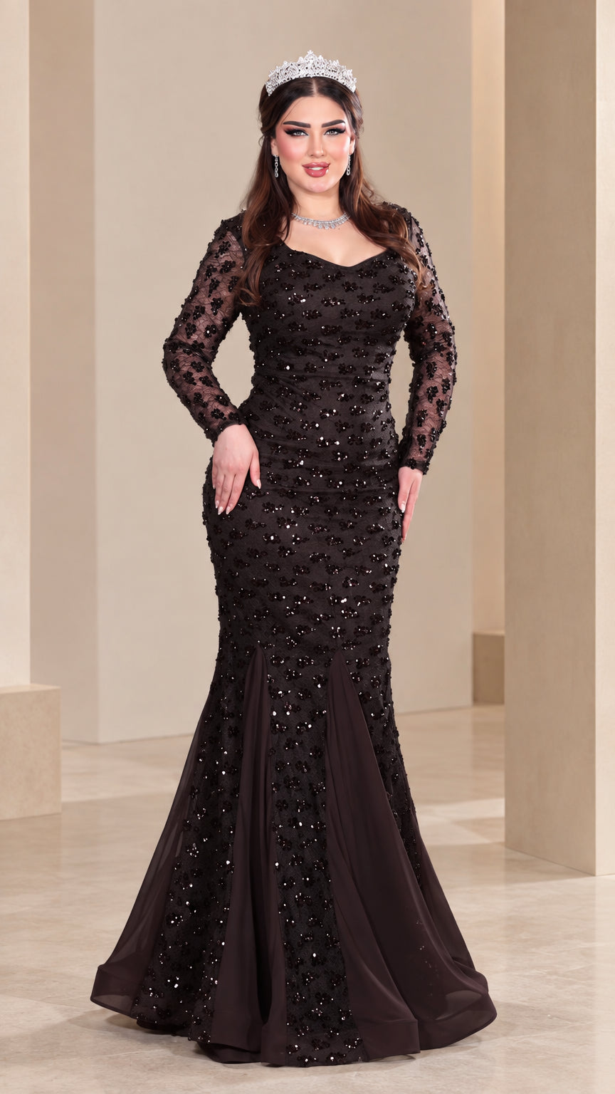 Front view of model wearing espresso brown sequined long sleeve mermaid evening gown