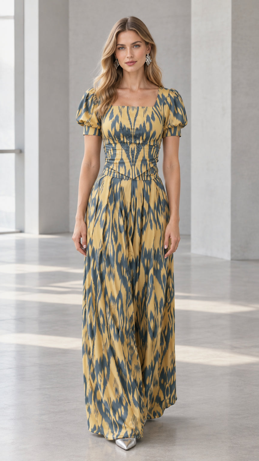 Front full-length view of model wearing mustard yellow ikat print puff sleeve maxi dress