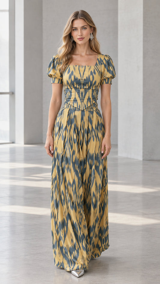 Front full-length view of model wearing mustard yellow ikat print puff sleeve maxi dress