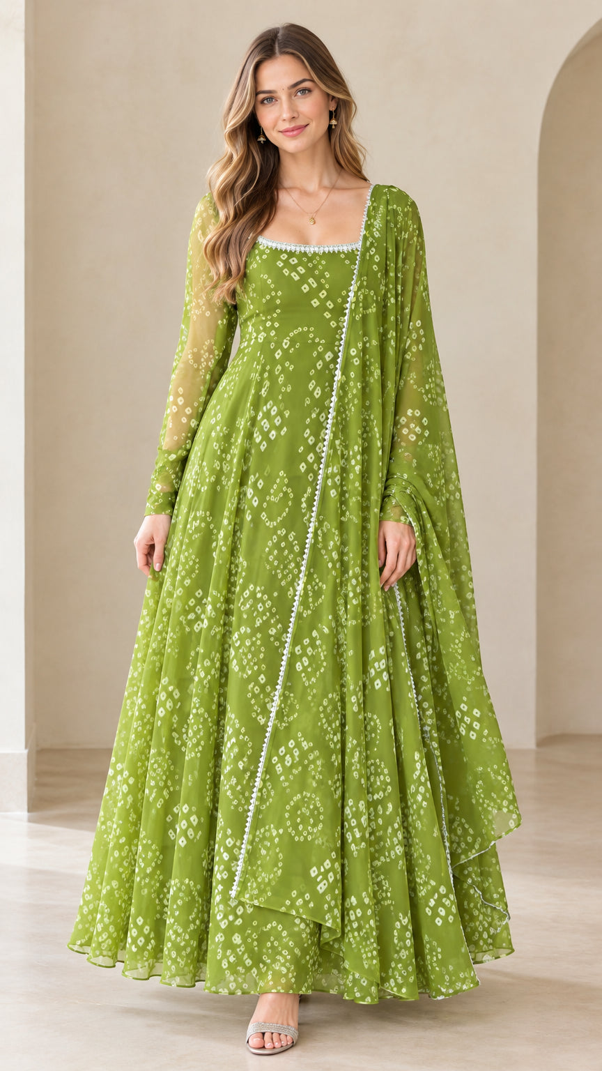 Front view of model wearing olive green printed flared maxi dress with matching dupatta