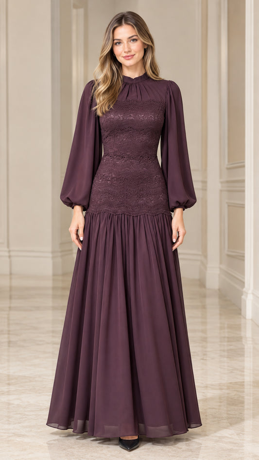 Front view of woman wearing Plum mock neck lace bodice long sleeve chiffon maxi dress
