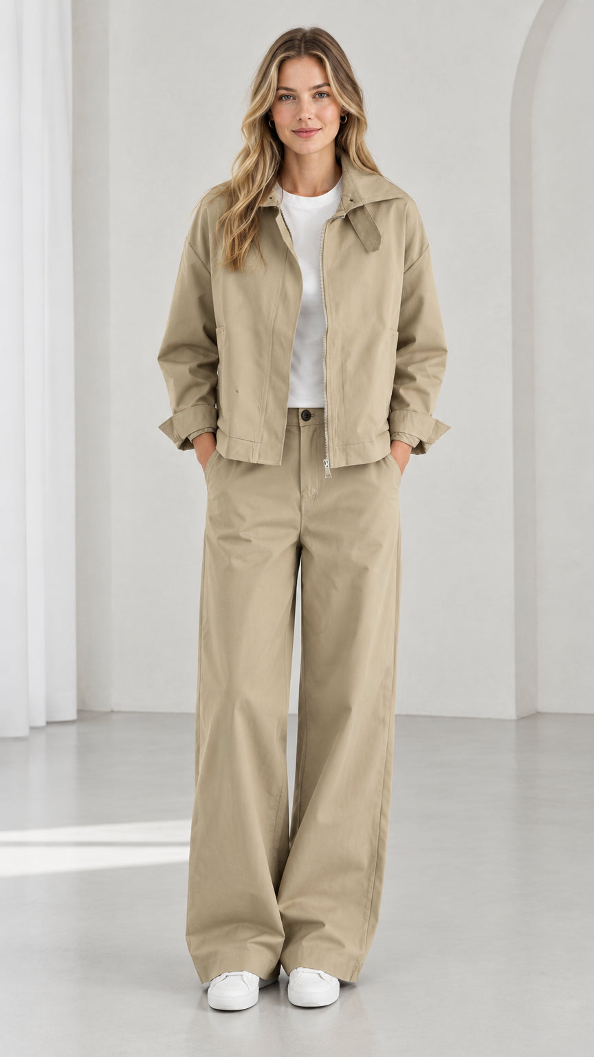 Full front view of women's khaki utility zip jacket and wide-leg pants set