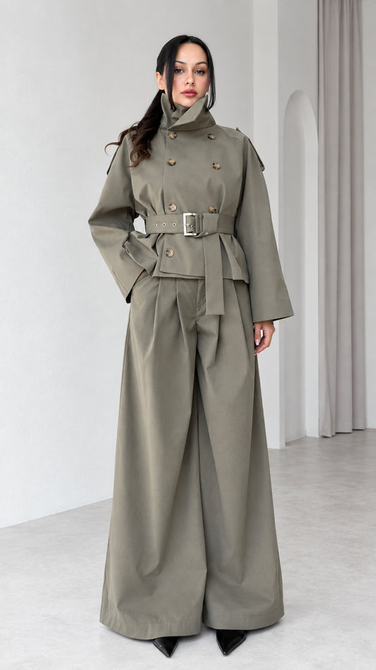 Front view of model wearing Sage Green cropped trench jacket and wide-leg trousers set