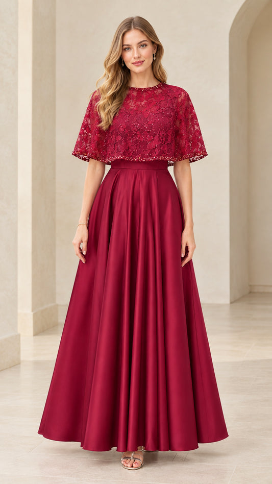 Burgundy embroidered lace capelet evening gown with pleated satin maxi skirt front view