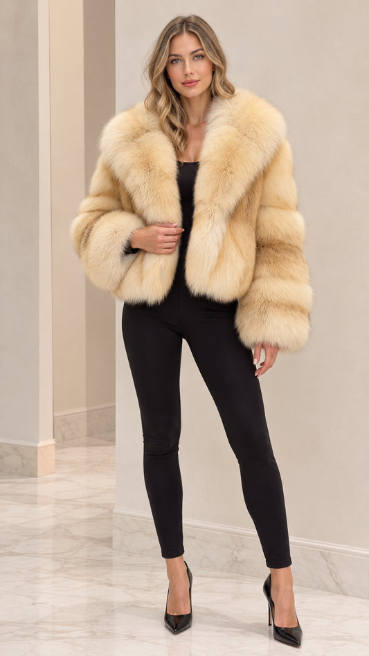 Front full view of woman wearing Champagne Beige cropped faux fur jacket with black pants and heels