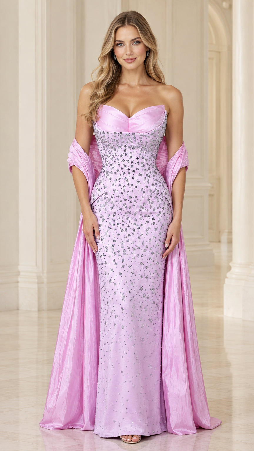 Front view of model wearing lavender strapless sweetheart beaded evening gown with draped cape wrap