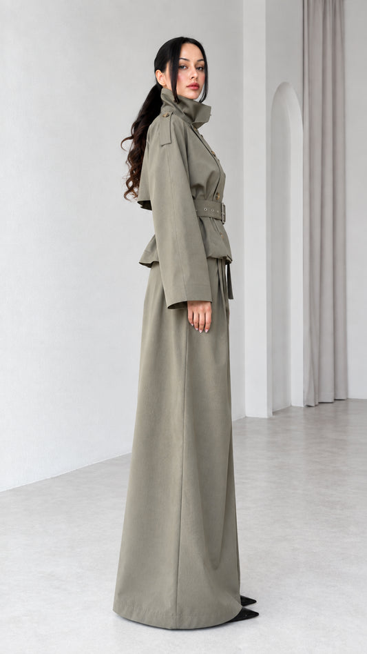 Side profile view of Sage Green wide-leg pant and belted trench suit set