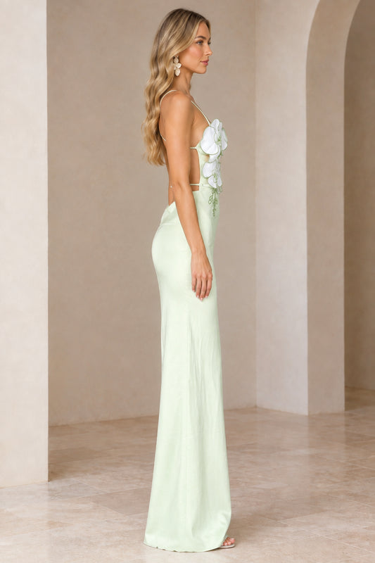 Side view of Mint Green backless maxi dress highlighting the silhouette