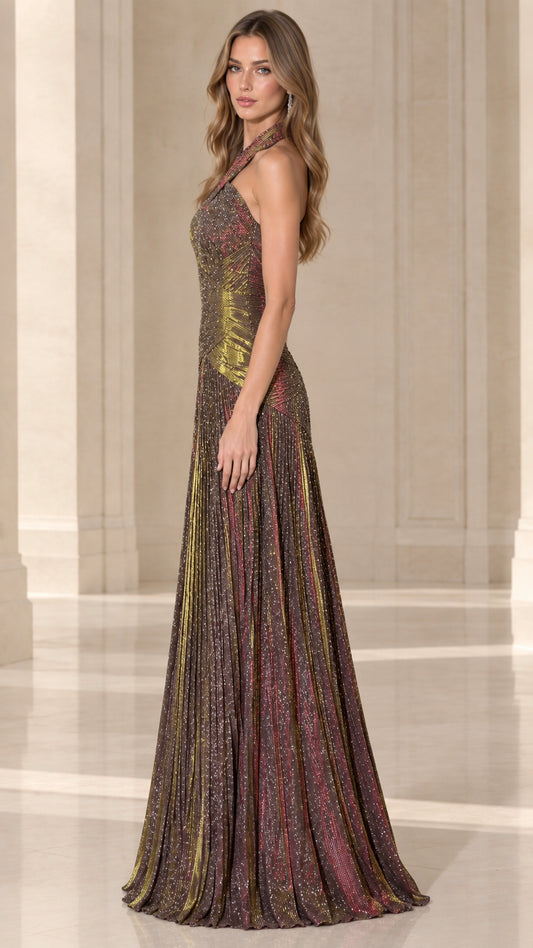 Side view of bronze metallic shimmer pleated maxi dress