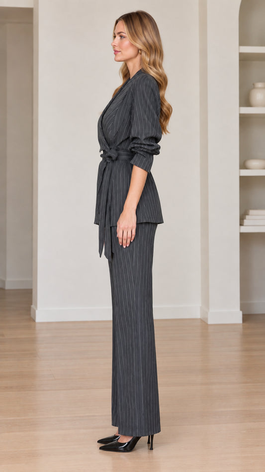 Side profile view of women's charcoal grey pinstripe two-piece suit