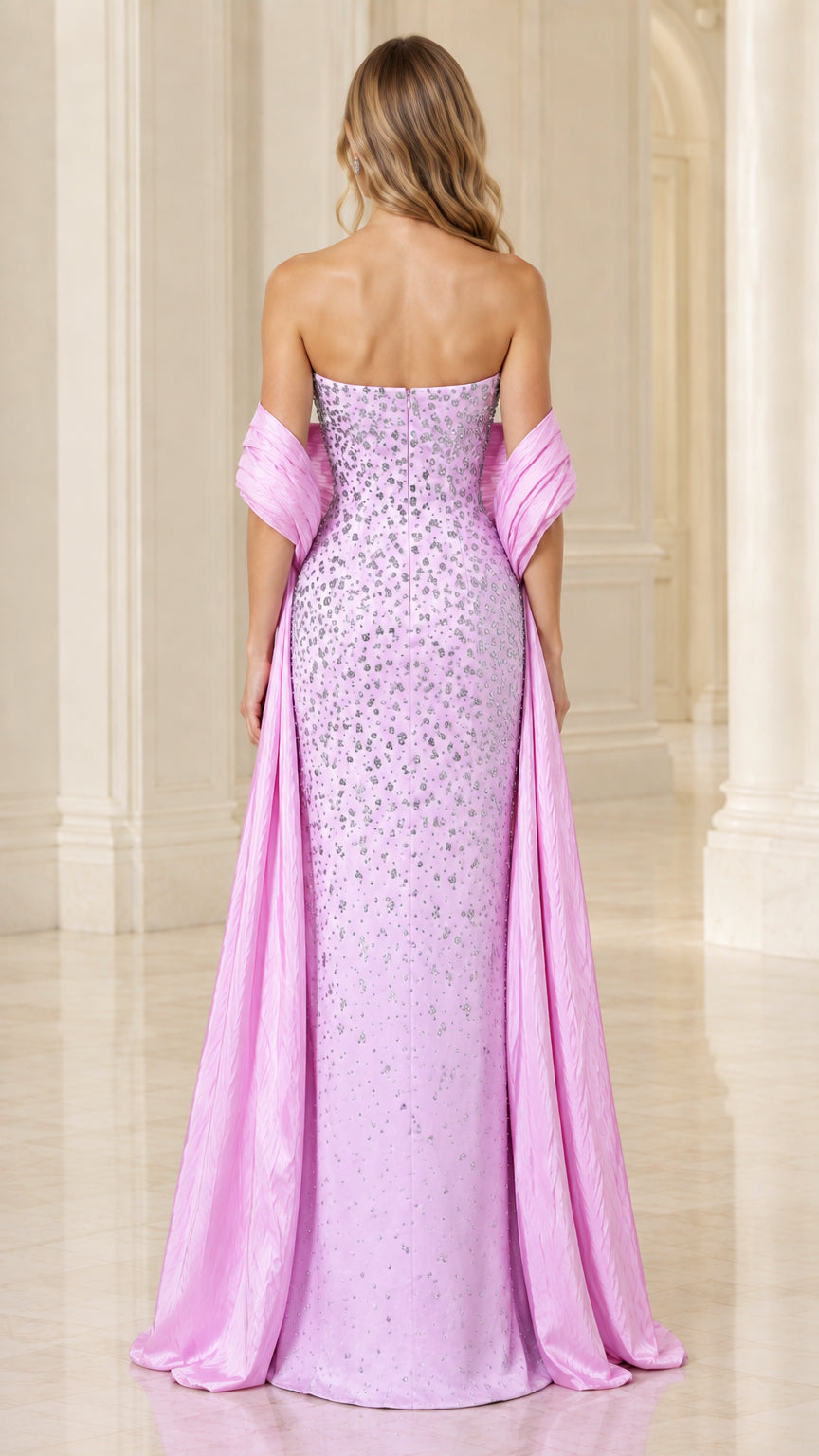 Back view of model in lavender strapless evening dress showing draped shawl detail