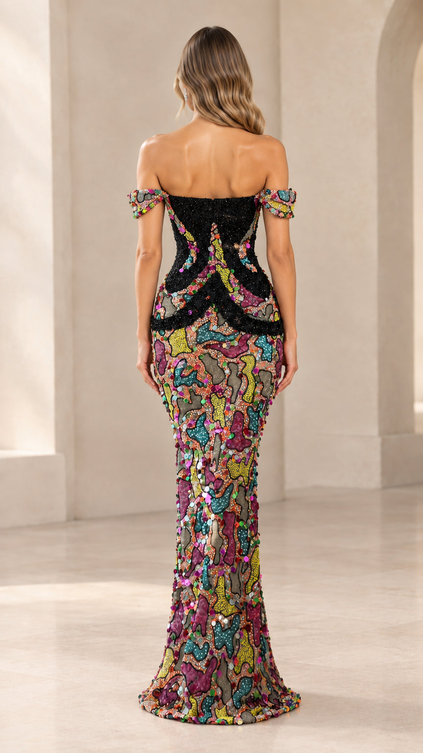 Back view of off-the-shoulder beaded mermaid gown showing fitted back and floor-length hem