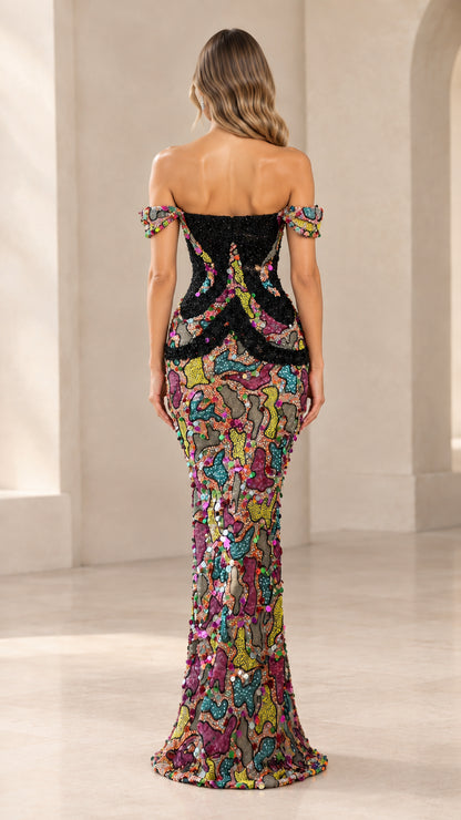 Back view of off-the-shoulder beaded mermaid gown showing fitted back and floor-length hem