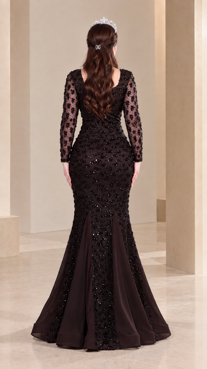 Back view of model showing fitted silhouette and flared hem of espresso evening dress