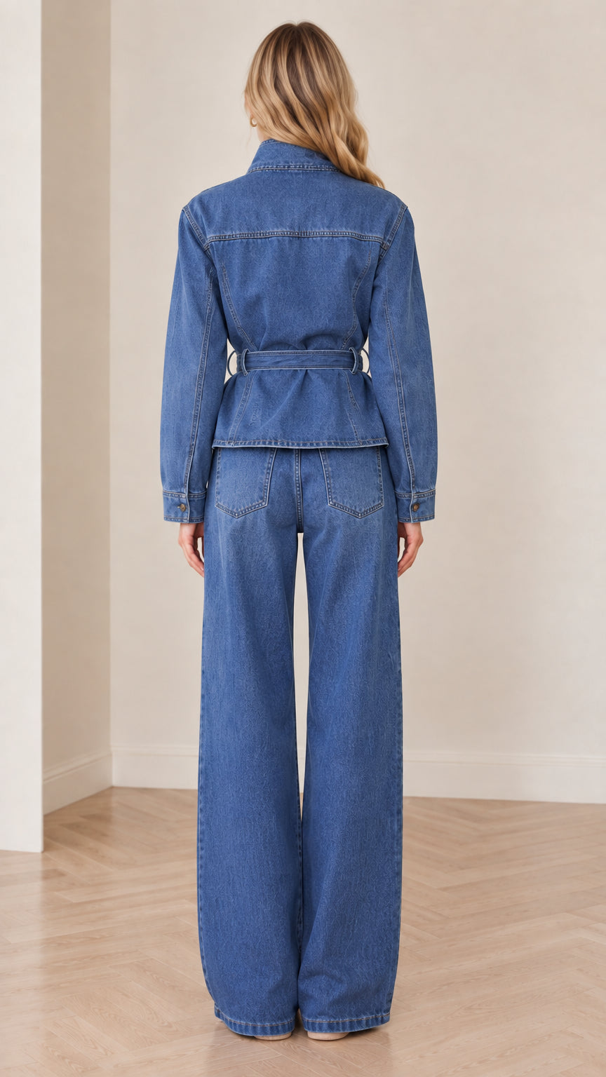 Back view of woman wearing Medium Blue two-piece denim co-ord set