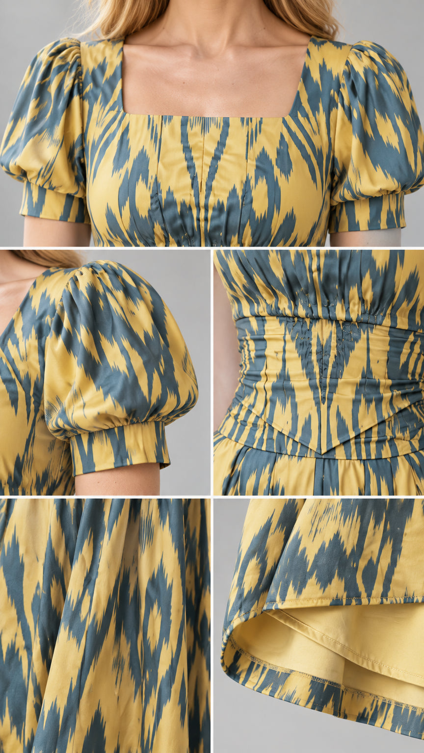Close-up details of square neckline, puff sleeve, ruched waist, and lined hem