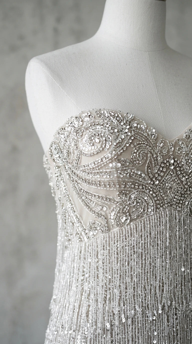 Close-up of intricate beaded scrollwork and fringe detail on dress bodice