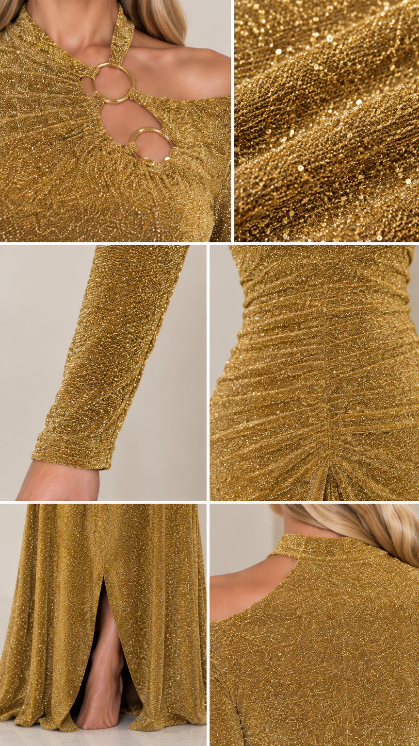 Detailed close-ups of asymmetric ring neckline cutout, shimmer knit texture, and ruching