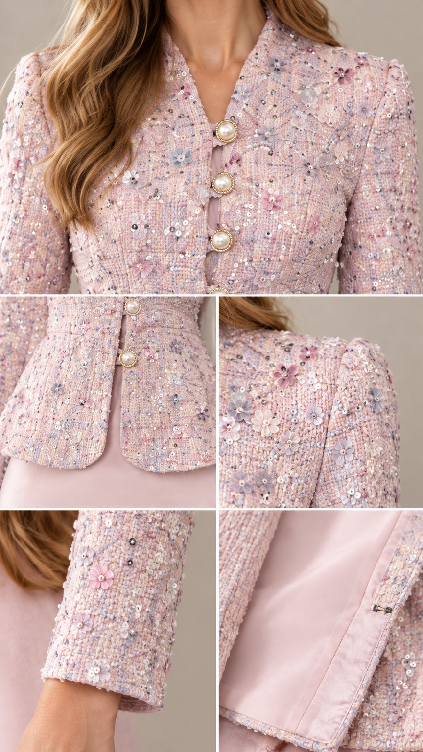 Close-up details of sequin floral tweed fabric, pearl buttons, and sleeve cuff on peplum jacket