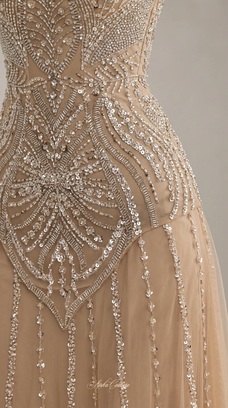 Close-up detail of intricate silver sequin and bead embroidery on Champagne tulle dress