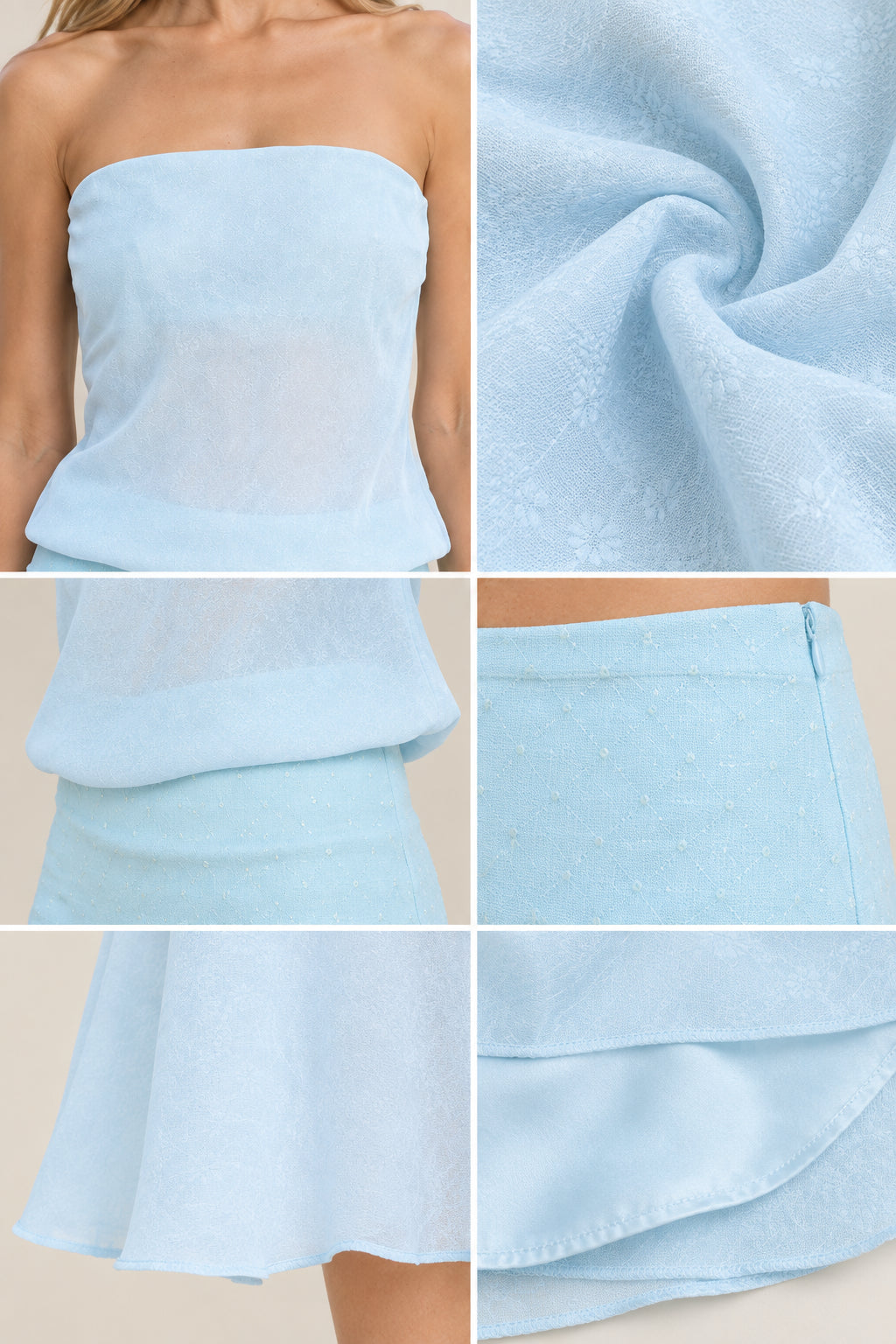 Close-up details of light blue dress fabric texture, neckline, dropped waist, and zipper