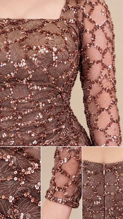 Close-up details of sequin lattice embroidery, sheer sleeve, and back zipper