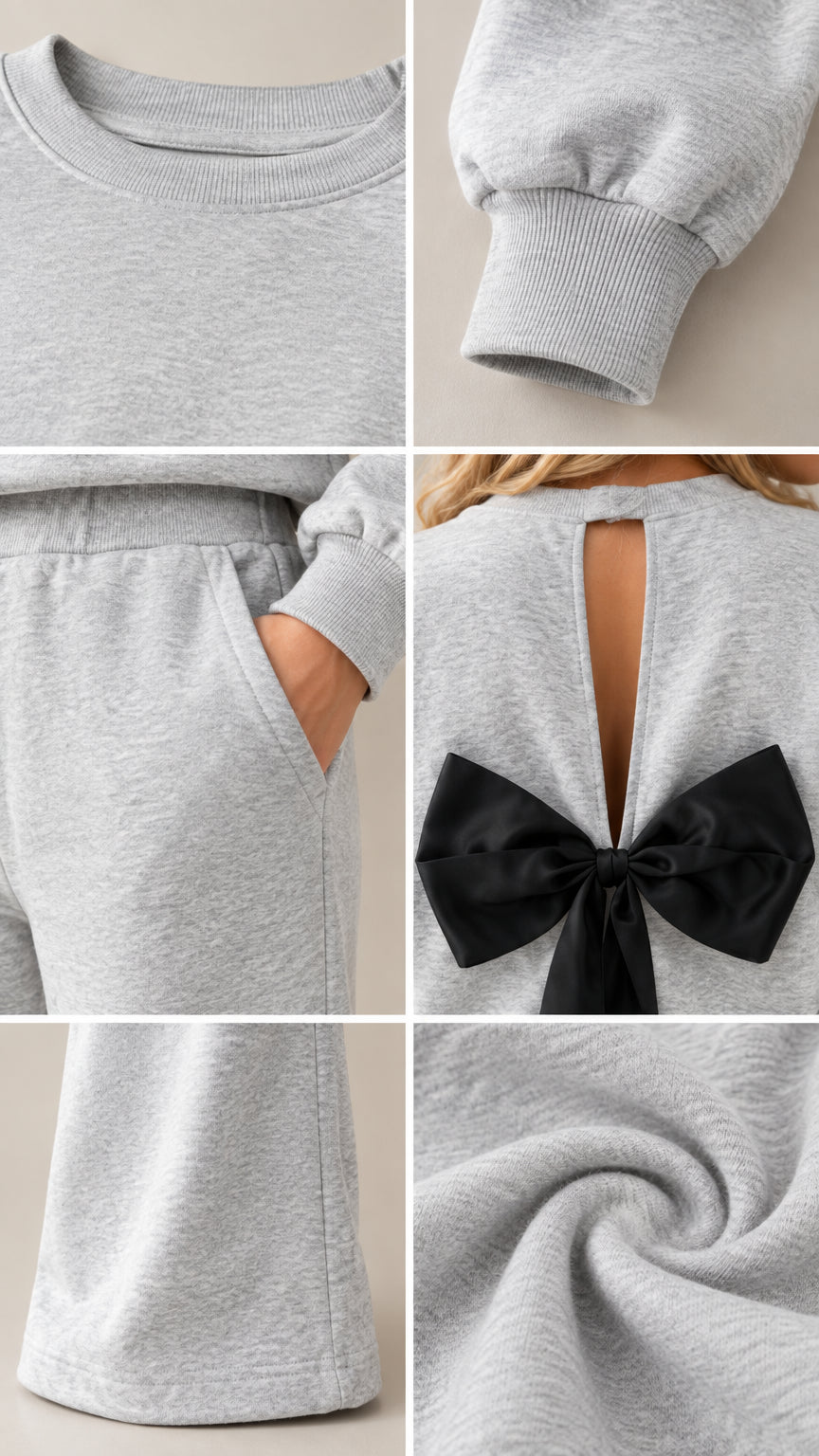 Close-up details of ribbed neckline, sleeve cuff, waistband pocket, back bow cutout, and soft knit texture
