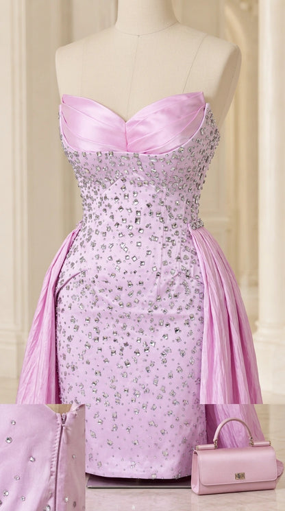 Mannequin close-up of lavender crystal beaded sweetheart bodice and satin fabric details