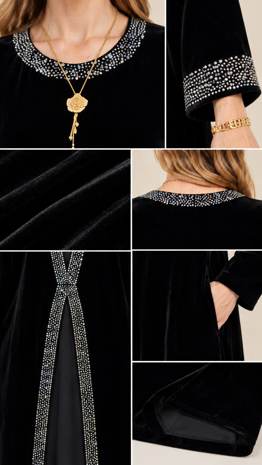 Detailed collage showing rhinestone neckline, cuffs, velvet fabric, and side pocket