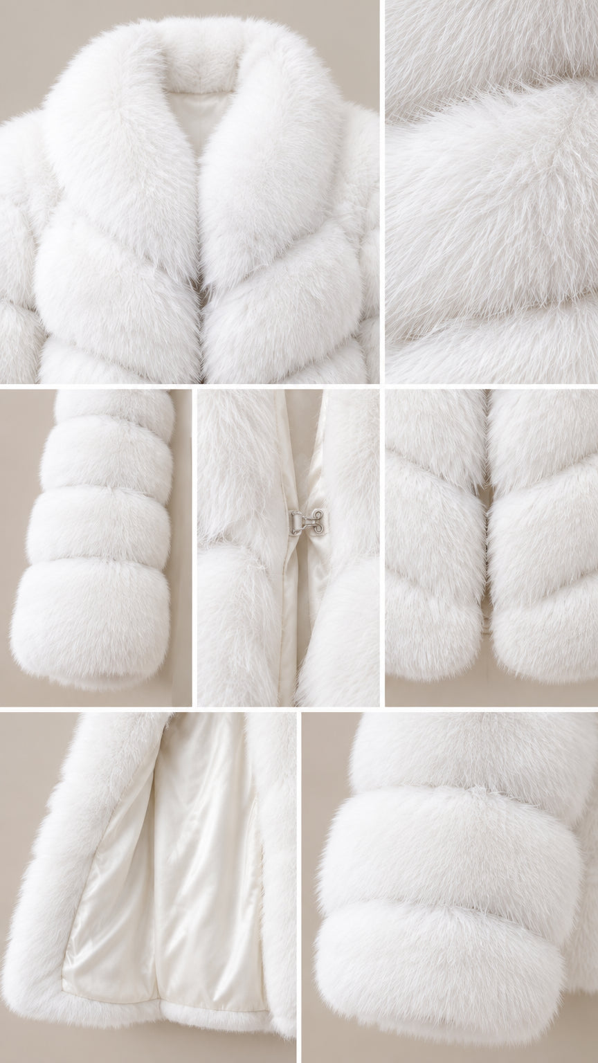 Close-up details of white faux fur collar, hook closure, sleeve, and smooth inner lining