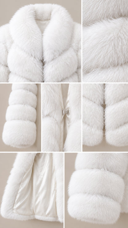 Close-up details of white faux fur collar, hook closure, sleeve, and smooth inner lining