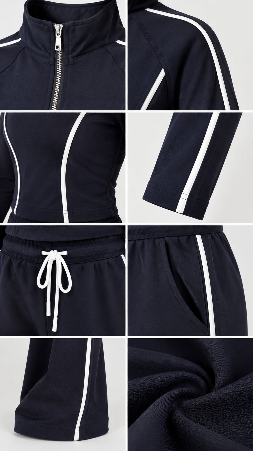 Close-up details of Navy Blue tracksuit zipper, collar, drawstring waistband, pockets, and knit fabric