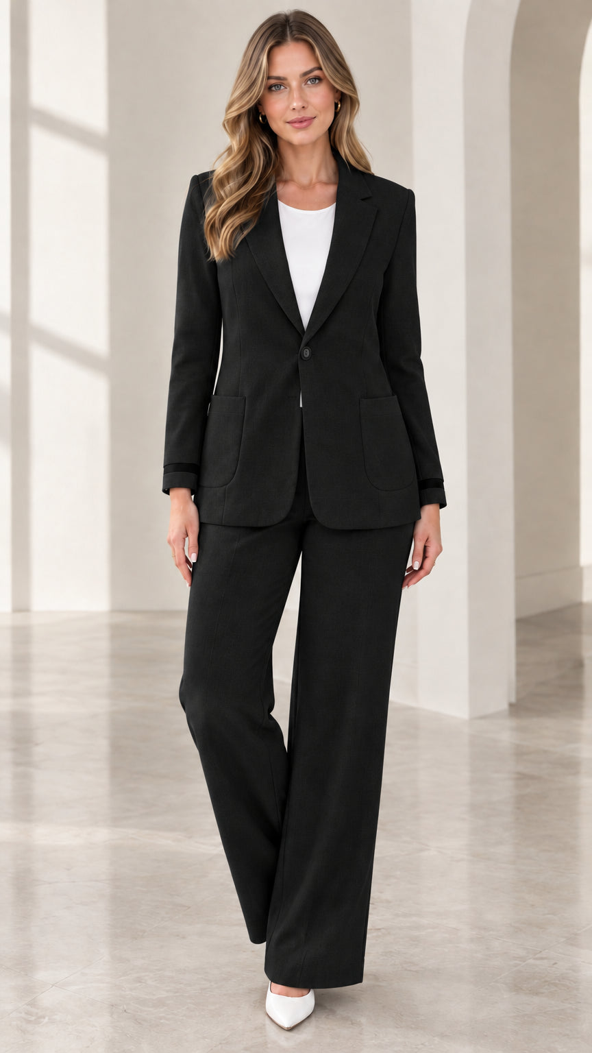 Classic black two-piece single-breasted blazer and pant suit set